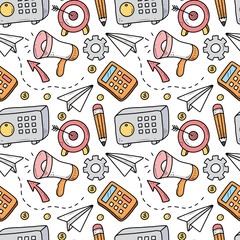 Hand drawn seamless pattern of business and finance elements, money, calculator, coin. Doodle sketch style. Business element drawn by digital pen. Vector illustration for wallpaper, background