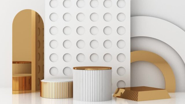 Minimal scene with podium and abstract background. Gold and white scene. Trendy for social media banners, promotion, cosmetic product show. Geometric shapes interior 3d animation loop