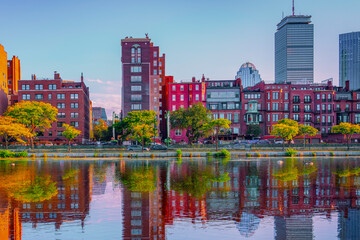 Fototapeta na wymiar Boston Back Bay Buildings and Reflections over Storrow Lagoon of Charles River. Saturated Image.
