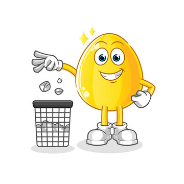 Golden Egg Throw Garbage In Trash Can Mascot. Cartoon Vector