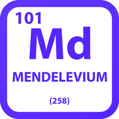 Mendelevium Md Actinoid Chemical Element vector illustration diagram, with atomic number, mass and electron configuration. Simple outline flat   design for education, lab, science class.