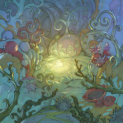 Original illustration of a beautiful garden scene with a little glowing creature among corals and seaweed