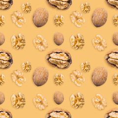Walnut seamless pattern on brown background. Open nut shell and kernel. Top view. Banner. Pop art design. 
