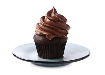 Plate with delicious chocolate cupcake isolated on white