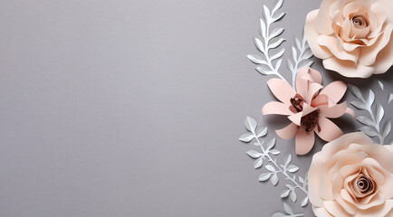 Different beautiful flowers and branches made of paper on grey background, flat lay. Space for text