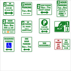 Road signs in the United States, traffic codes in the United States. Road signs vector for educational use in driving school. Permissive Parking road signs of United States.