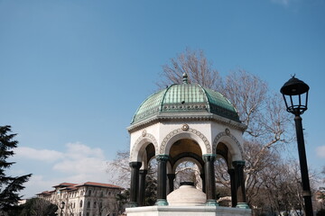 Turkey istanbul 03.03.2021.Sultanahmet square in Fatih istanbul and old ancient public fountain...