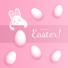 Happy Easter. Congratulatory banner. A cute rabbit in the shape of an egg peeks out from under the strip on a pink background with white Easter eggs in a speck