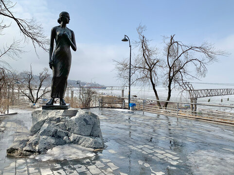 Vladivostok, Russia, March, 04, 2021. Katyusha monument in Vladivostok in the spring