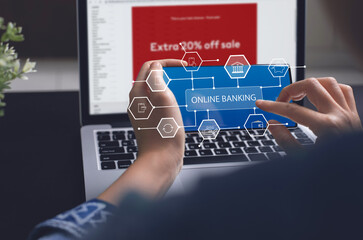 Digital banking, online shopping, internet payment, digital marketing, Internet of Things, IoT, E-commerce concept.