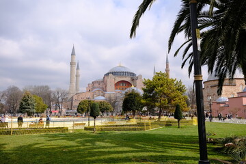 Fototapeta na wymiar Turkey istanbul 03.03.2021. Facade and outside of Hagia sophia mosque now,before museum and ancient church from sultanahmet square with tourist palm trees during blue overcast sky background. 