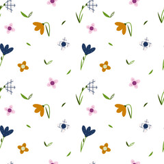 Spring floral seamless pattern with leaves and flowers. 