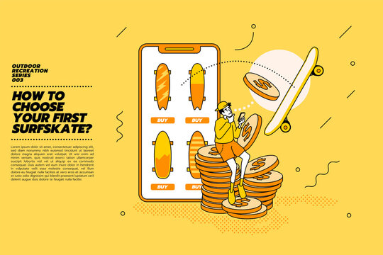 A curious young man sitting on his own money and planning to buy a skateboard or surf skate for his new hobby or vacation with online store smartphone in the background.