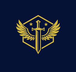 Vector illustration of sword created with bird wings, sword wing gold color,  battle and security metaphor symbol