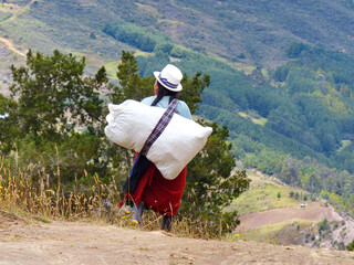 Ecuadorian countryside, Azuay province. Indigenous village woman carrying big bag on her back,...