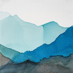 Watercolor and in painting of blue mountains on canvas