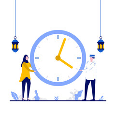 Happy ramadan mubarak greeting concept with tiny people. Muslim people holding wall clock flat vector illustration. Can use for poster, card, background, web banner or landing page idea.
