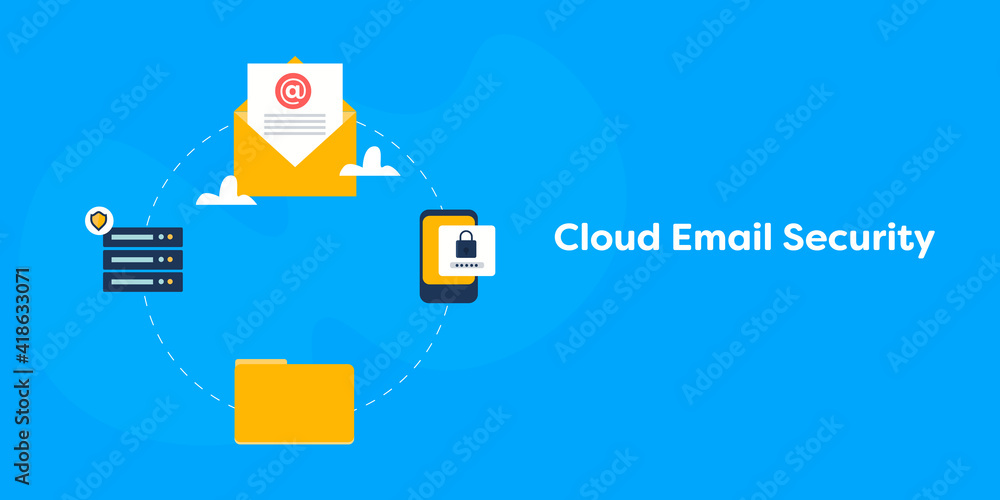 Poster cloud email service and cyber security concept. cloud computing, secure email message concept. flat 