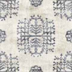 Seamless grungy tribal ethnic rug motif pattern. High quality illustration. Distressed old looking native style design in shades of gray and cream. Old artisan textile seamless pattern.