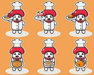 Vector illustration of cute Mushroom chef with food. Cute Mushroom chef expression character design bundle. Good for icon, logo, label, sticker, clipart.