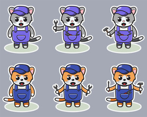 Fototapeta na wymiar Vector illustration of cute Cat Mechanic. Cute Cat expression character design bundle. Good for icon, logo, label, sticker, clipart.