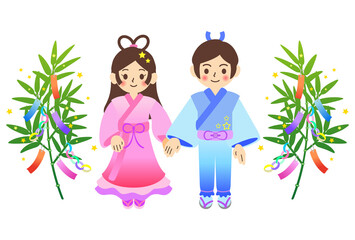 笹飾りと織姫と彦星のイラスト【七夕】