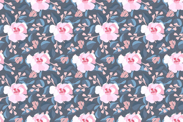 Art floral vector seamless pattern. Pink flowers, blue leaves. Garden flowers, buds isolated on a grey background. Endless pattern for wallpaper, fabric, textiles, accessories.
