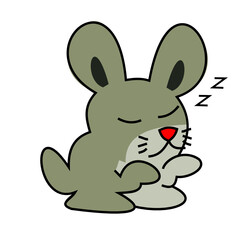 Sleepwalking or somnambulism rabbit isolated on white background, Easter bunny with red nose with gray and green color fur