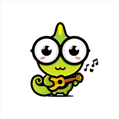 Vector design of cute and lovely cartoon chameleon animal playing guitar