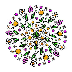 Flower circle in the vector. From bulb to flower. Icons of spring flowers in a circle, icons of tulips, daffodils, hyacinths, bulbs. Autumn flower planting. Decorative ornament, a circle of flowers.
