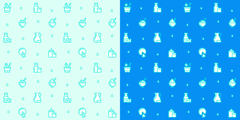 Seamless vector patterns of milk icons. Milk background, monochrome icons, background of farm products. Cartoon pattern. Template for packaging dairy products. Yogurt, organic products.