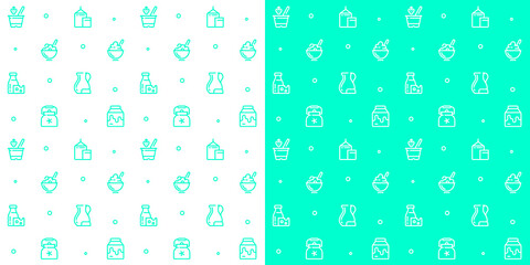 Seamless vector patterns of milk icons. Milk background, monochrome icons, background of farm products. Cartoon pattern. Template for packaging dairy products. Yogurt, organic products.