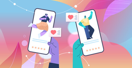 hands using mobile app for online dating with male and female profiles on smartphone screens social media virtual relationship communication concept horizontal vector illustration