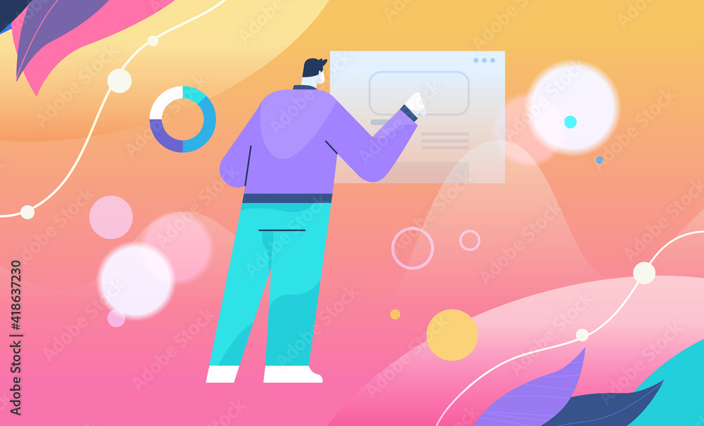 Poster businessman analyzing statistical information on charts and graphs data analysis process digital mar