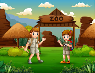 Fototapeta premium The zookeeper boy and girl in the zoo illustration