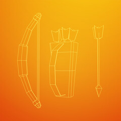 Medieval Bow and arrow archer weapon. Wireframe low poly mesh vector illustration.