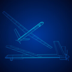 Military drone combat unmanned aerial vehicle. Recon aircraft plane. Wireframe low poly mesh vector illustration.