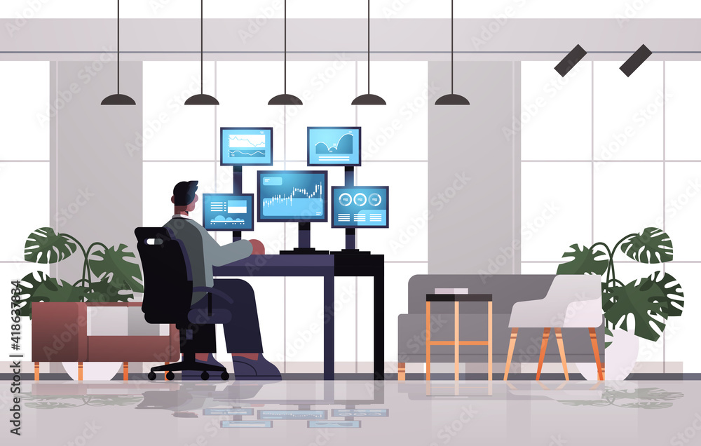 Poster man trader stock market broker analyzing charts graphs and rates on computer monitors at workplace f