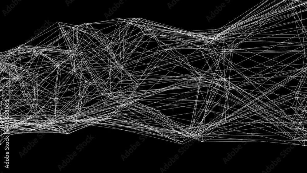 Poster wireframe of many thin white lines in the dark, computer generated. 3d rendering of abstract shape a