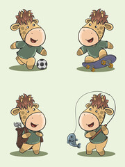 set of cute giraffe outdoor hobby activities. cartoon character and illustration