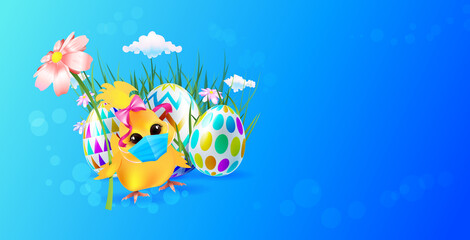 cute chick in medical mask with decorative eggs happy easter holiday celebration banner flyer or greeting card horizontal vector illustration