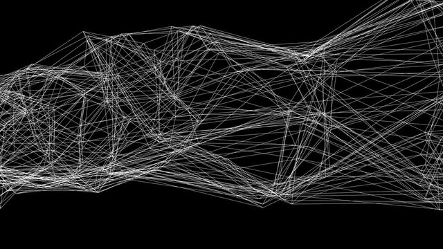 Wireframe of many thin white lines in the dark, computer generated. 3d rendering of abstract shape and backgdrop