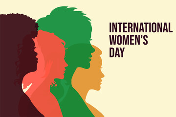 International Women's Day card with Silhouettes of four women standing together. Women's friendship. Vector concept of the female's empowerment movement and unity.
