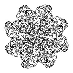 Black and white ethnic style floral mandala pattern for antistress coloring. Abstract coloring page.