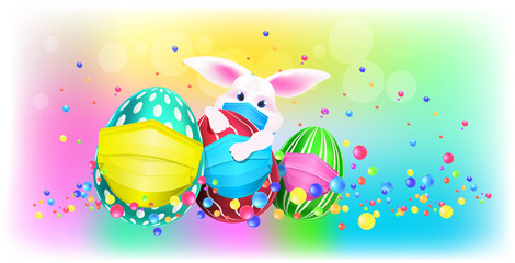 Fototapeta na wymiar cute rabbit in mask with decorative eggs happy easter holiday celebration banner flyer or greeting card horizontal vector illustration
