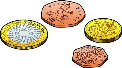 A group of stylised UK poind and penny coins. 20 and 50 pence, 1 and 2 pounds.