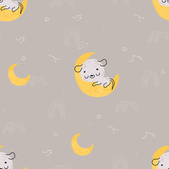 Seamless childish pattern with cute sleeping mouse. Seamless pattern for fabric, paper, wrapping and other