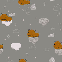 Seamless childish pattern with cute sleeping bear. Seamless pattern for fabric, paper, wrapping and other