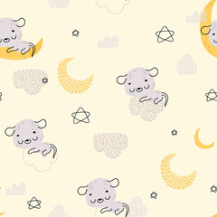 Seamless childish pattern with cute sleeping mouse. Seamless pattern for fabric, paper, wrapping and other