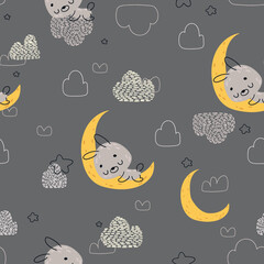 Seamless childish pattern with cute sleeping bunny. Seamless pattern for fabric, paper, wrapping and other